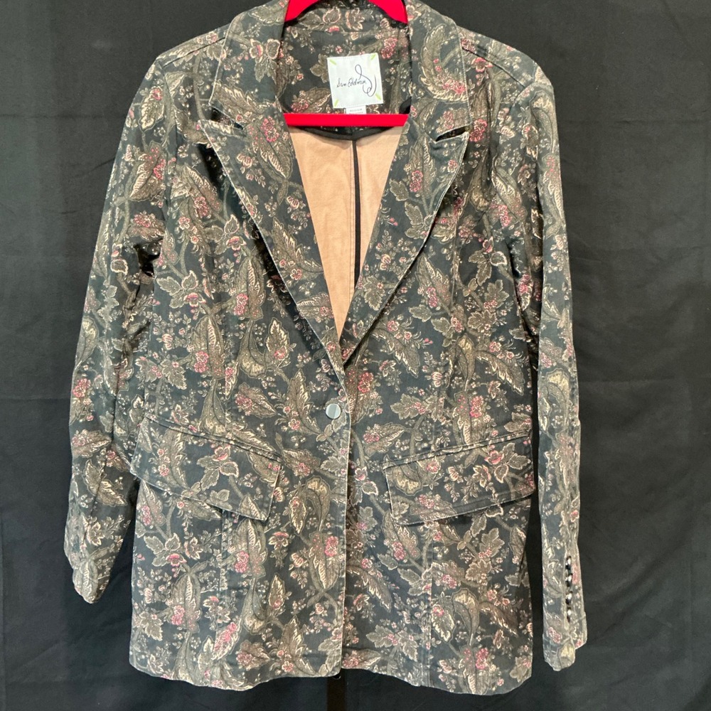 Sam Edelman Blazer JSEW0024(BLK) Medium Green Floral Denim Paisley Jacket
